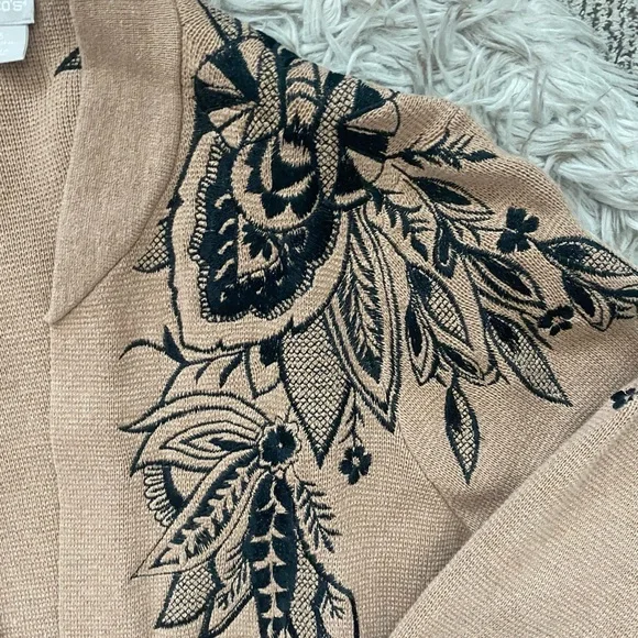 Chico's Long Camel Cardigan with Black Floral Embroidered Design EUC - Picture 6 of 12